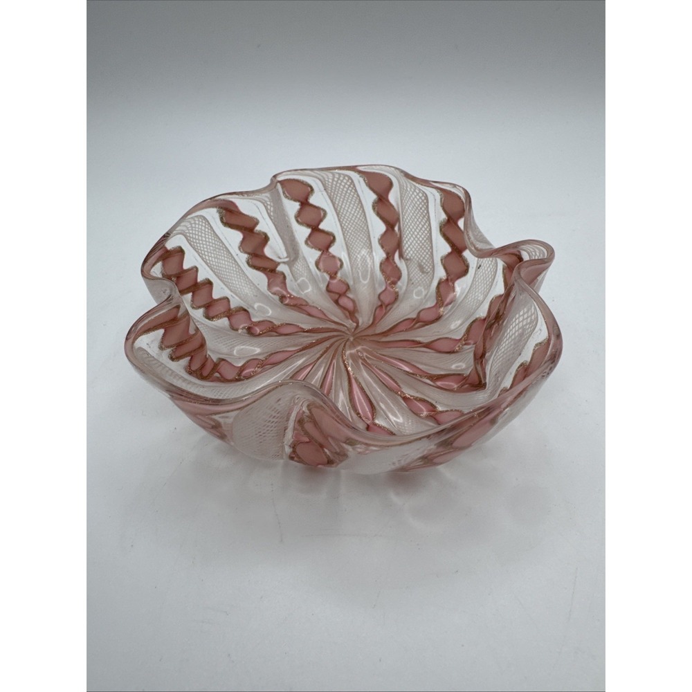 Murano Art Glass Bowl Latticino Zanfirico Pink Gold Aventurine Candy Dish 4" Vtg